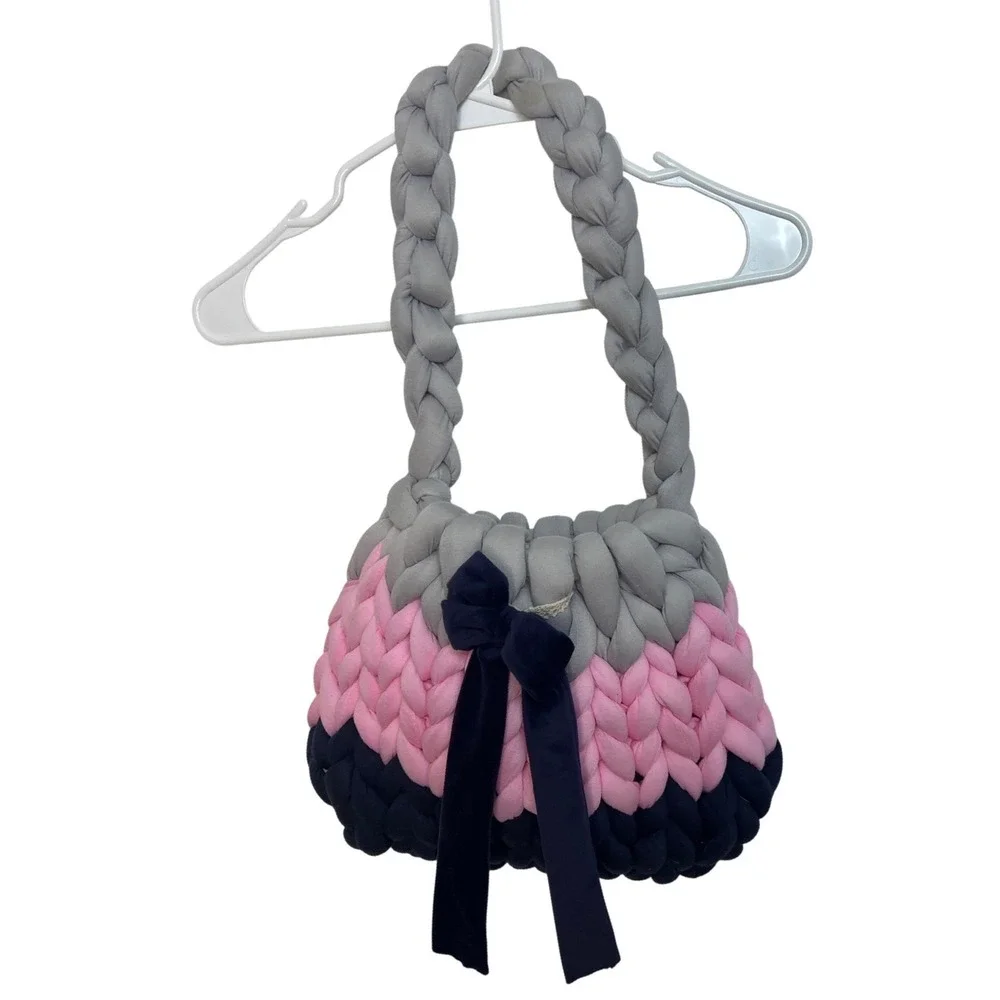 Thread the‎ Gnar Handwoven Chunky Knit Tote Bag Grey Pink Navy Blue Velvet Bow